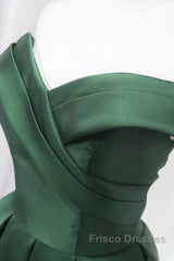 Dark Green Satin Off Shoulder Knee Length Party Dress, Green Homecoming Dress Formal Prom Dress