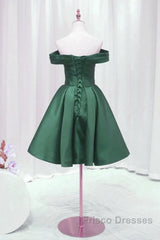 Dark Green Satin Off Shoulder Knee Length Party Dress, Green Homecoming Dress Formal Prom Dress