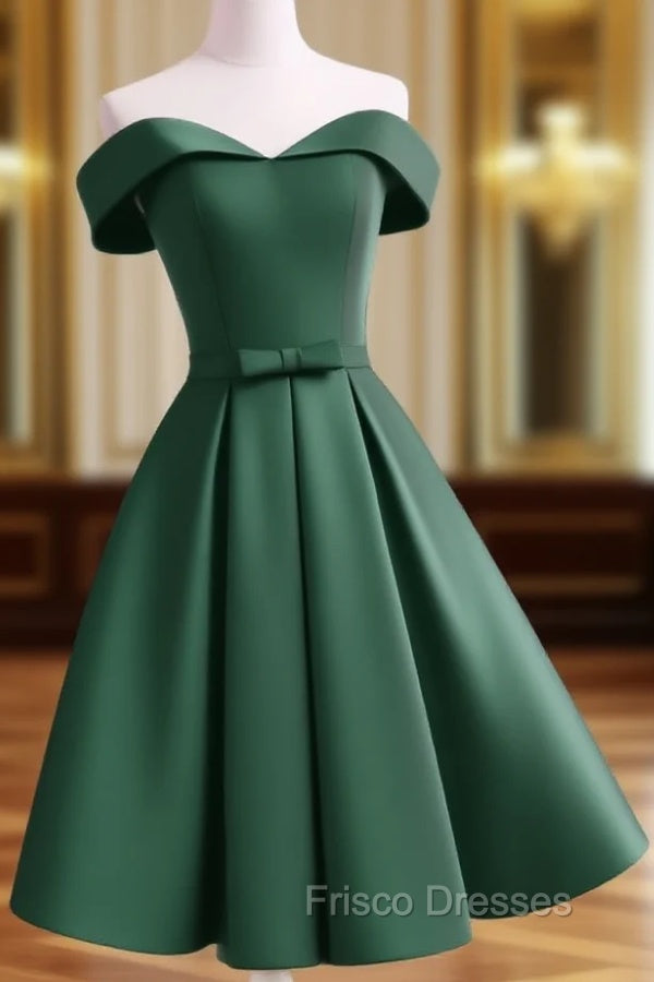 Dark Green Satin Off Shoulder Short Formal Prom Dress, Green Homecoming Dress