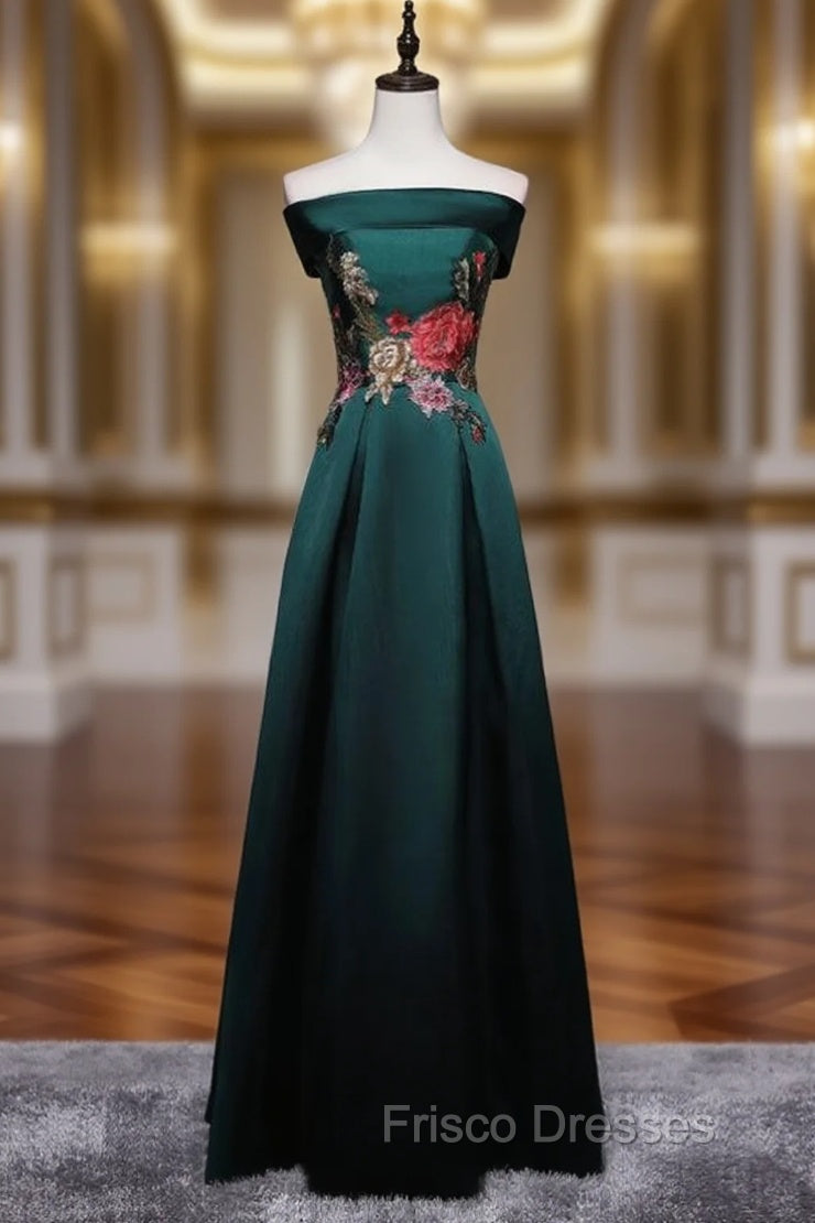 Dark Green Satin Off the Shoulder Appliques Formal Prom Dress Main image