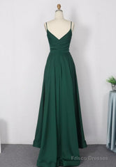 Dark Green Satin Straps V-Neckline A-Line Party Dresses, Green Evening Long Prom Dress