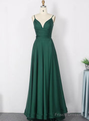 Dark Green Satin Straps V-Neckline A-Line Party Dresses, Green Evening Long Prom Dress