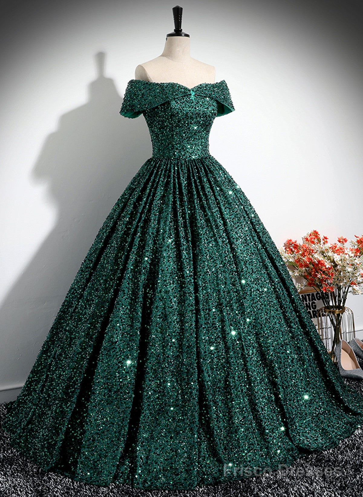 Dark Green Sequins Off Shoulder Ball Gown Prom Dress, Dark Green Formal Dress Secondary image