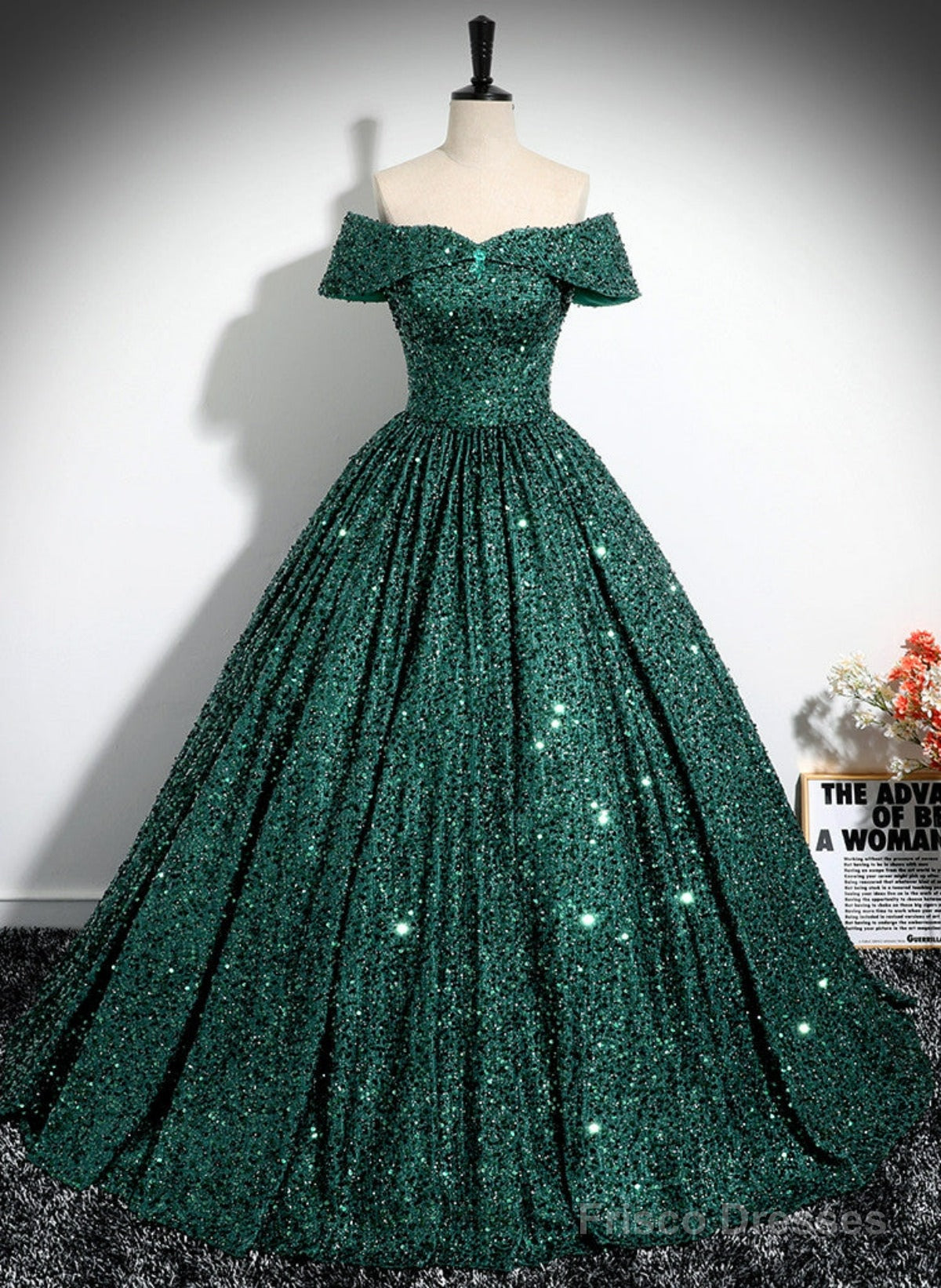 Dark Green Sequins Off Shoulder Ball Gown Prom Dress, Dark Green Formal Dress Main image