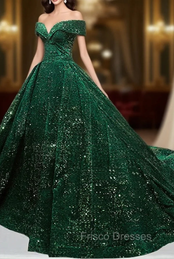 Dark Green Sequins Off Shoulder Ball Gown Sweet 16 Dress, Dark Green Formal Prom Dress Secondary image