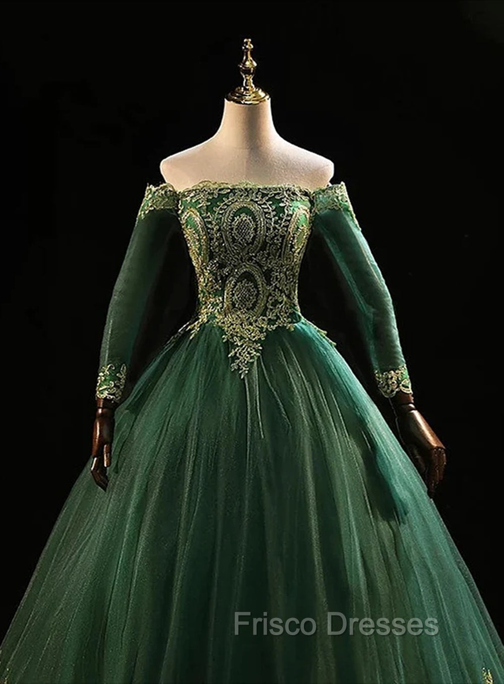 Dark Green Sleeves with Gold Lace Sweet 16 Dress, Dark Green Long Formal Dress