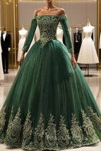 Dark Green Sleeves with Gold Lace Sweet 16 Dress, Dark Green Long Formal Dress