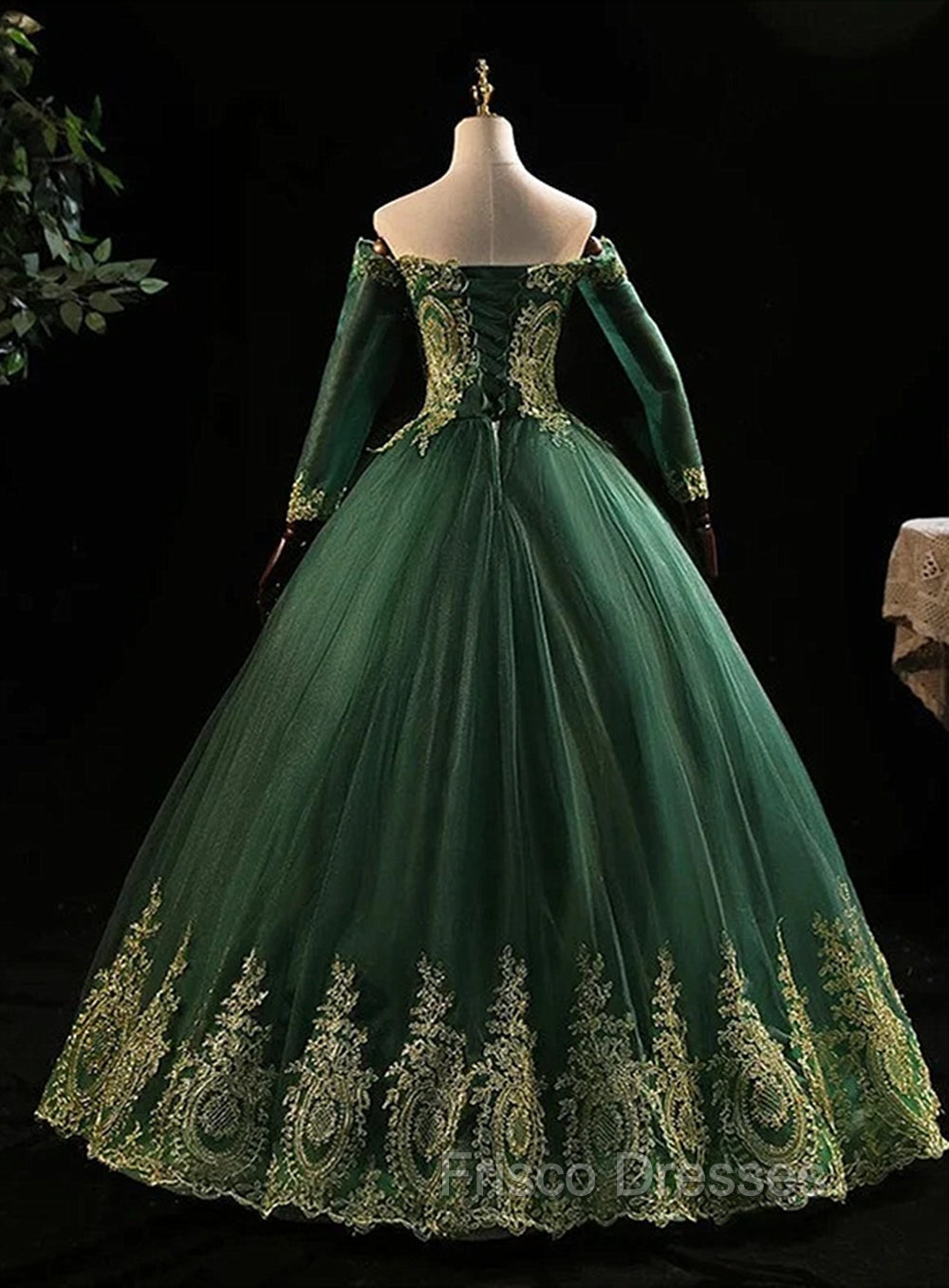 Dark Green Sleeves with Gold Lace Sweet 16 Dress, Dark Green Long Formal Dress
