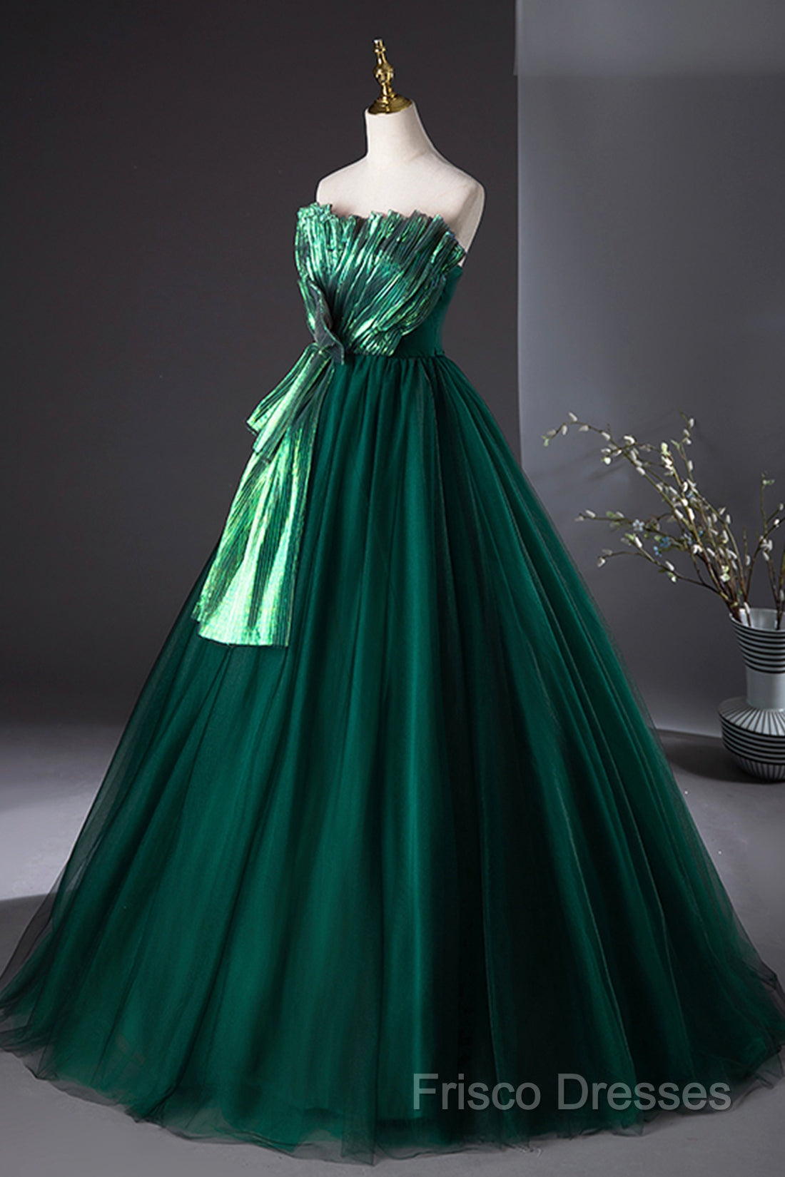 Dark Green Strapless Tulle Long Formal Prom Dress, Beautiful A-Line Formal Dress Secondary image