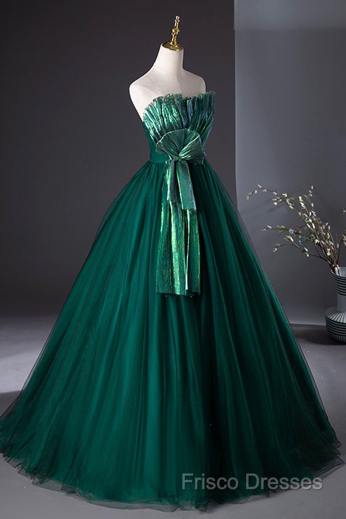 Dark Green Strapless Tulle Long Formal Prom Dress, Beautiful A-Line Formal Dress