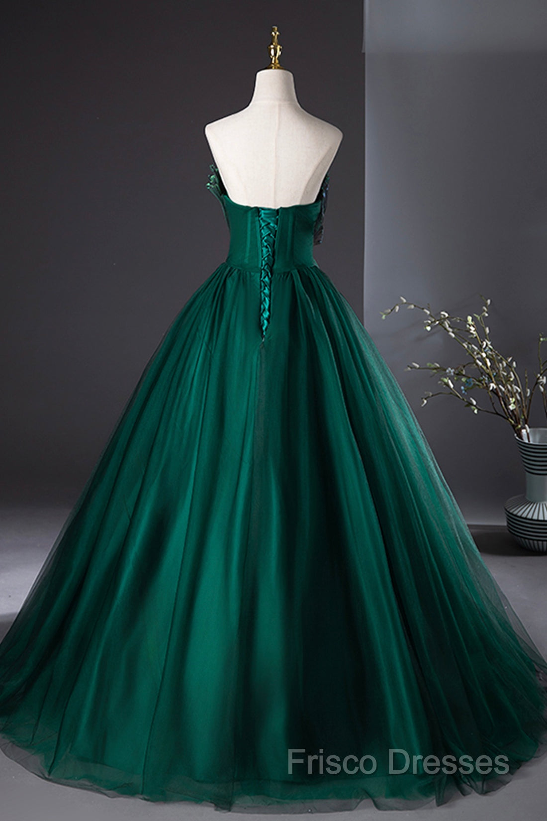 Dark Green Strapless Tulle Long Formal Prom Dress, Beautiful A-Line Formal Dress