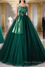 Dark Green Strapless Tulle Long Formal Prom Dress, Beautiful A-Line Formal Dress