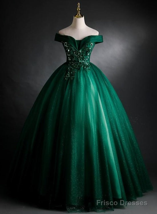 Dark Green Sweetheart Off Shoulder Long Party Dress With Lace Applique, Green Prom Dress Main image