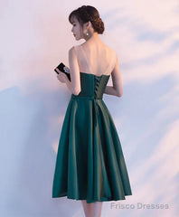 Dark Green Tea Length Satin Bridesmaid Dress, Floral Party Dress