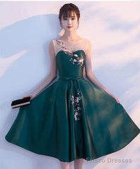 Dark Green Tea Length Satin Bridesmaid Dress, Floral Party Dress