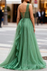 Dark Green Tulle A-Line One-Shoulder Long Formal Prom Dress
