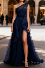 Dark Green Tulle A-Line One-Shoulder Long Formal Prom Dress