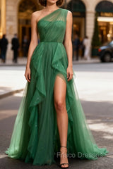 Dark Green Tulle A-Line One-Shoulder Long Formal Prom Dress