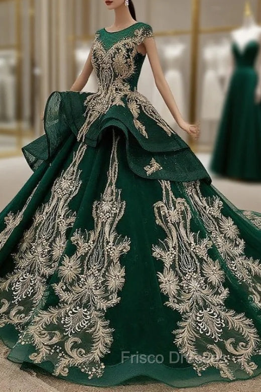 Dark Green Tulle Appliques Beading Cap Sleeve Backless Wedding Dress Main image