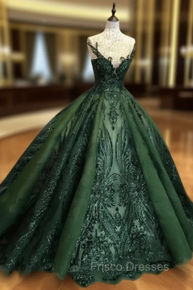 Dark Green Tulle Ball Gown Formal Dress Shiny Tulle Lace Sweet 16 Dress Formal Prom Dress shops Main image