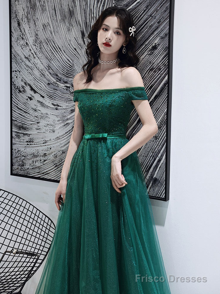 Dark Green Tulle Beaded Off Shoulder Long Party Dresses, A-Line Long Evening Dresses Secondary image
