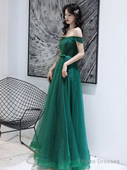 Dark Green Tulle Beaded Off Shoulder Long Party Dresses, A-Line Long Evening Dresses