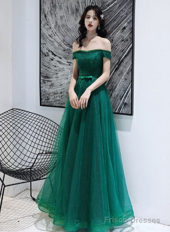 Dark Green Tulle Beaded Off Shoulder Long Party Dresses, A-Line Long Evening Dresses Main image