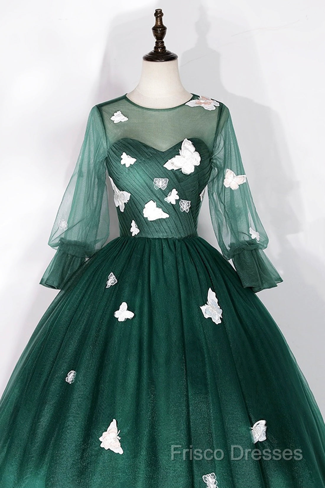 Dark Green Tulle Long Formal Prom Dress, A-Line Long Sleeve Formal Party Dress With Butterfly Appliques Secondary image