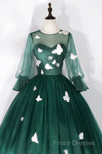 Dark Green Tulle Long Formal Prom Dress, A-Line Long Sleeve Formal Party Dress With Butterfly Appliques