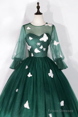 Dark Green Tulle Long Prom Dress, A-Line Long Sleeve Evening Party Dress With Butterfly Appliques