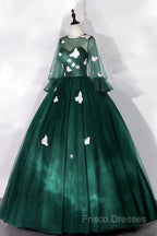 Dark Green Tulle Long Formal Prom Dress, A-Line Long Sleeve Formal Party Dress With Butterfly Appliques