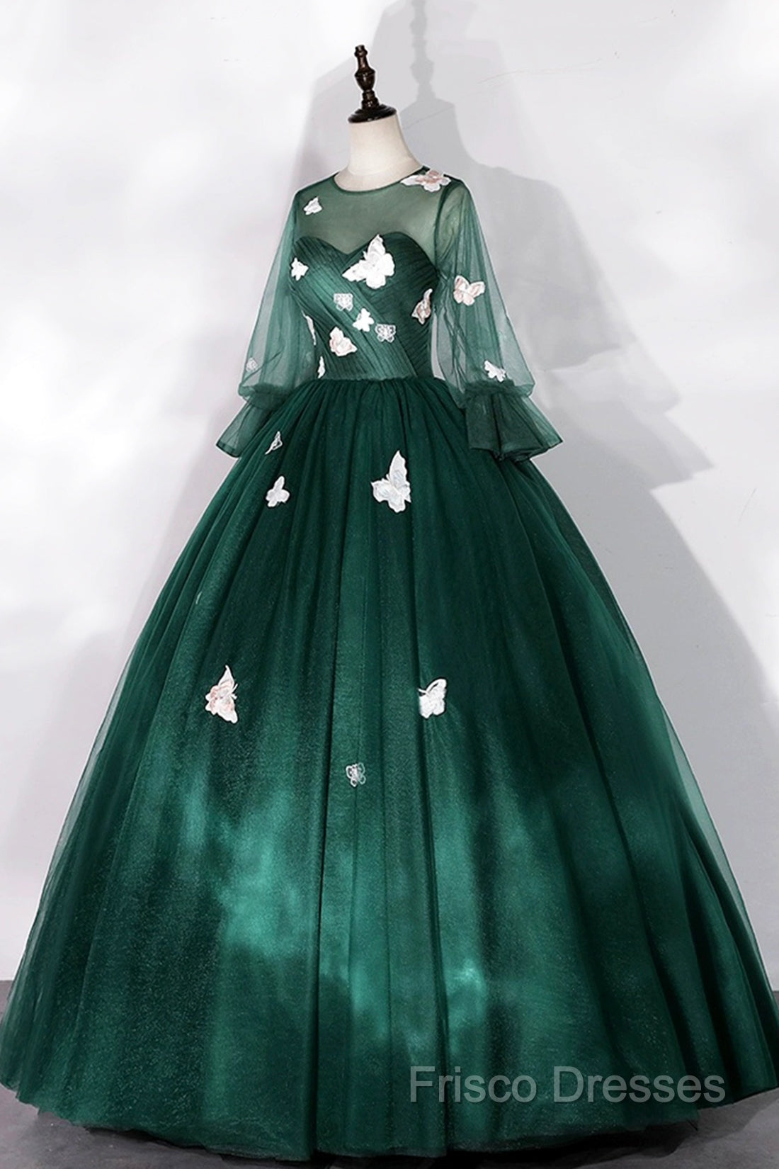 Dark Green Tulle Long Formal Prom Dress, A-Line Long Sleeve Formal Party Dress With Butterfly Appliques