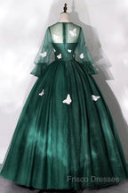 Dark Green Tulle Long Formal Prom Dress, A-Line Long Sleeve Formal Party Dress With Butterfly Appliques
