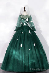 Dark Green Tulle Long Prom Dress, A-Line Long Sleeve Evening Party Dress With Butterfly Appliques
