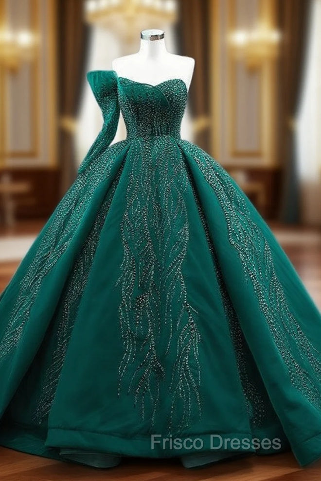 Dark Green Tulle One Shoulder Beading Formal Prom Dress Main image