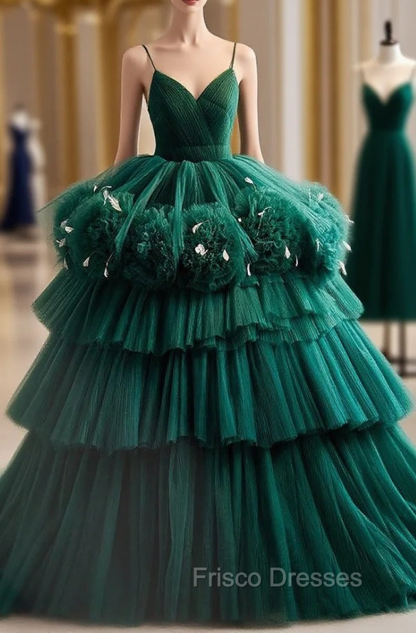 Dark Green Tulle Pleats Tiers Quinceanera Dress
