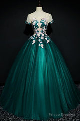 Dark Green Tulle Round Neckline Ball Gown Formal Dress, Quinceanera Dress