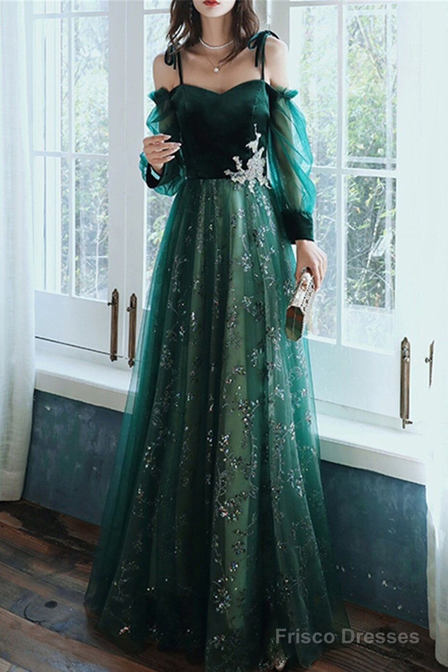 Dark Green Tulle Stunning Sequin Spaghetti Straps Prom Dress, Green Party Dress Main image