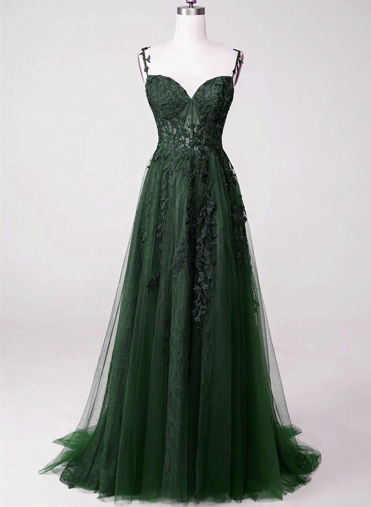 Dark Green Tulle With Lace Beaded Straps Prom Dress, Green Long Formal Dress Party Dress Main image