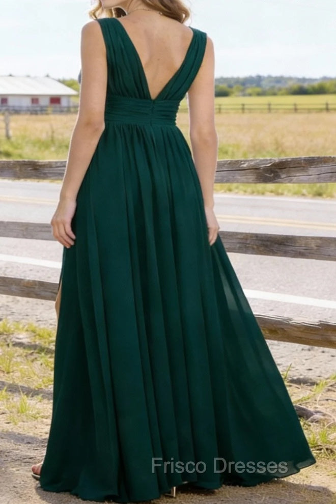 Dark Green V Neck Chiffon Floor Length Bridesmaid Dresses Long Bridesmaid Dress With Pleated Split