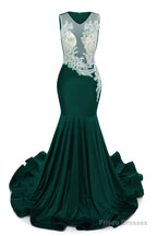 Dark Green V-Neck Sheer Corset Prom Dresses Beaded Mermaid Long Train Evening Gowns