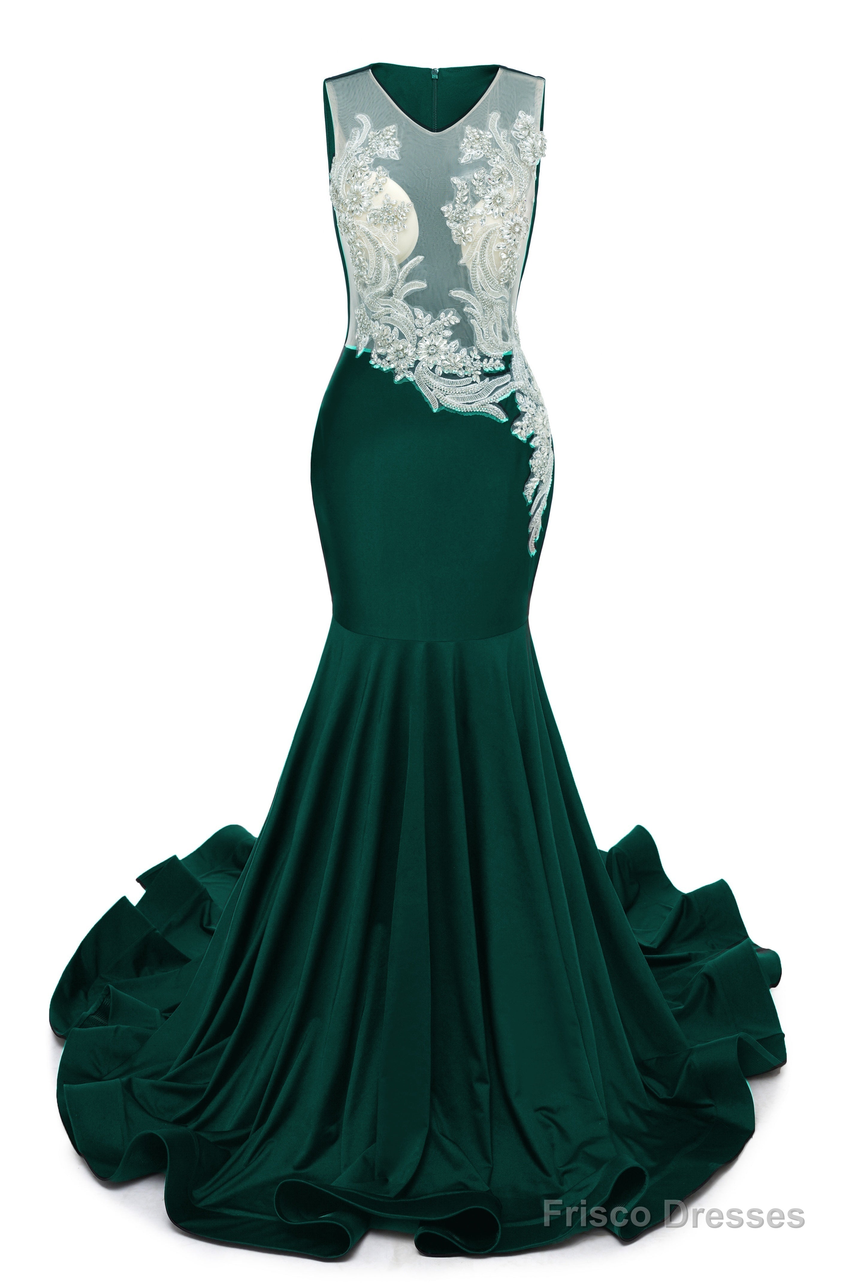 Dark Green V-Neck Sheer Corset Prom Dresses Beaded Mermaid Long Train Evening Gowns Main image