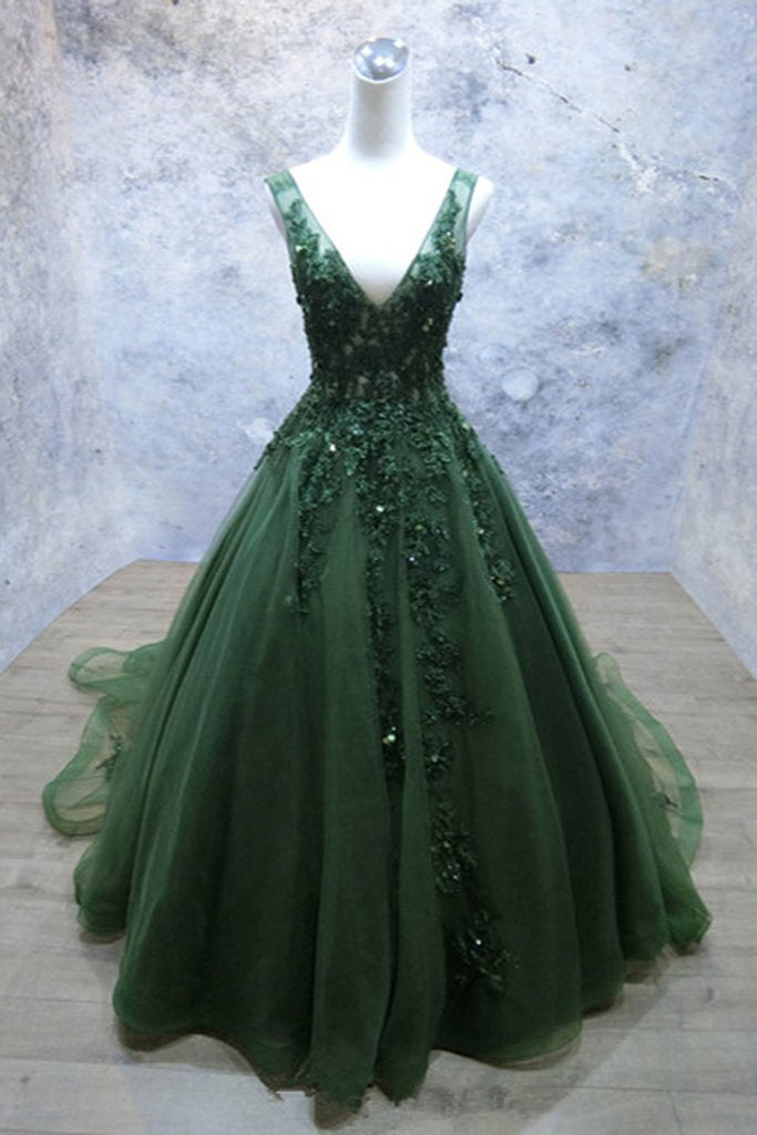 Dark Green V-Neckline Lace Applique Low Back Formal Dress, Green Tulle Prom Dress Secondary image