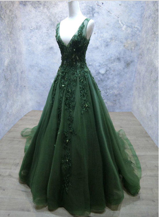 Dark Green V-Neckline Lace Applique Low Back Formal Dress, Green Tulle Prom Dress Main image