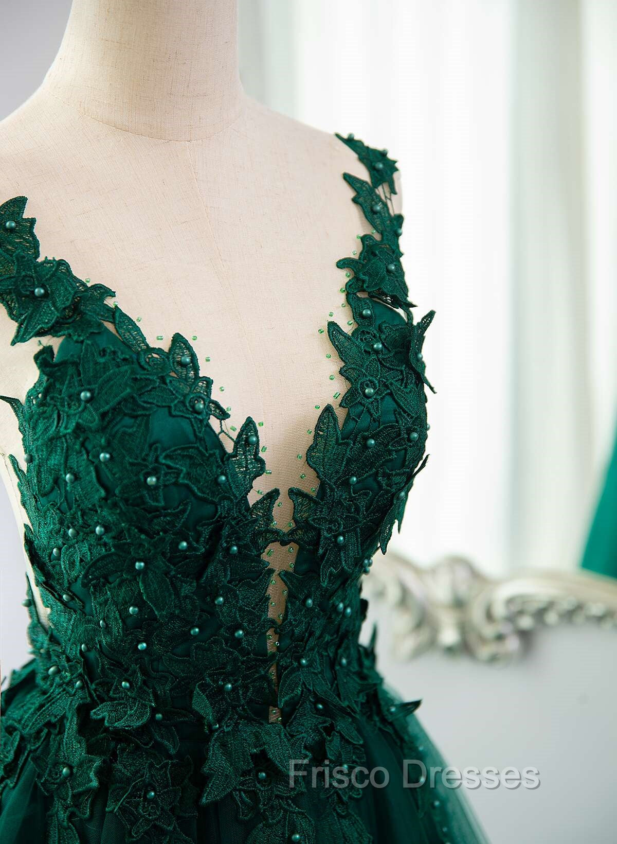 Dark Green V-neckline Lace Long Beaded Formal Prom Dress, Dark Green Party Dress