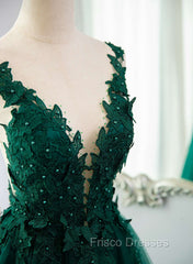 Dark Green V-neckline Lace Long Beaded Formal Prom Dress, Dark Green Party Dress
