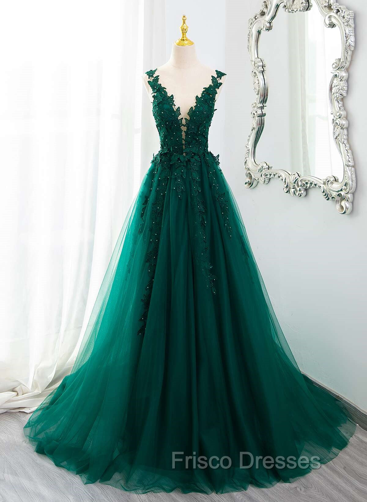 Dark Green V-neckline Lace Long Beaded Formal Prom Dress, Dark Green Party Dress