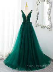 Dark Green V-neckline Lace Long Beaded Formal Prom Dress, Dark Green Party Dress