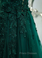 Dark Green V-neckline Lace Long Beaded Formal Prom Dress, Dark Green Party Dress
