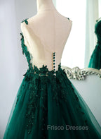 Dark Green V-neckline Lace Long Beaded Formal Prom Dress, Dark Green Party Dress
